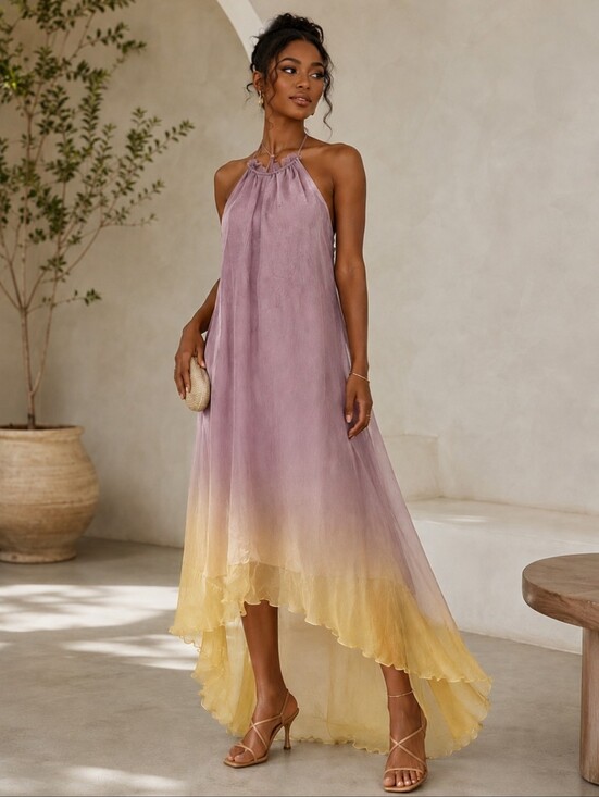 Laundry By Shelli Segal Dresses & Skirts - Laundry By Shelli Segal Lavender to Yellow SILK Halter High-Low Dress